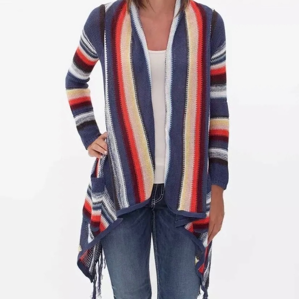Billabong Loosen Up Cardigan
Women Large Long Sleeve Blue
Striped Boho Fringe